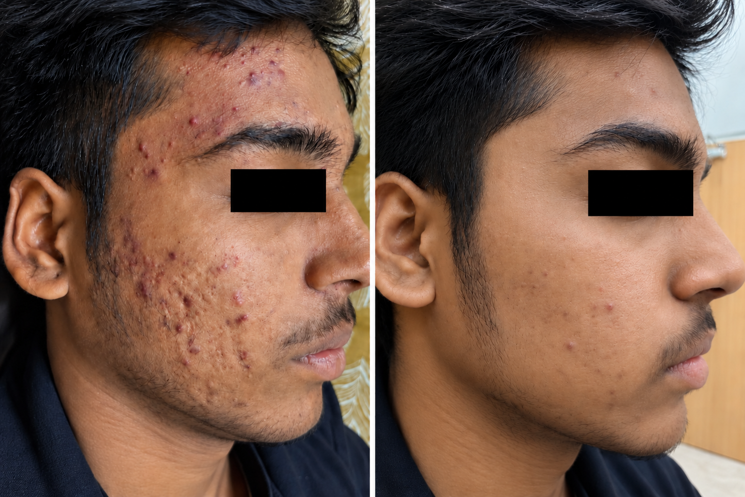 Before and after clinical treatment for severe acne and acne scar revision