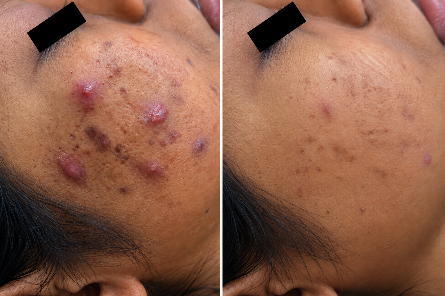 Before and after clinical results for active cystic acne clearance