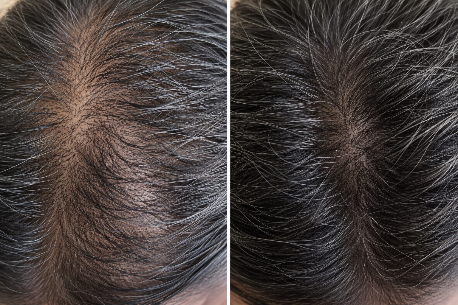Before and after treatment for mid-scalp diffuse hair thinning