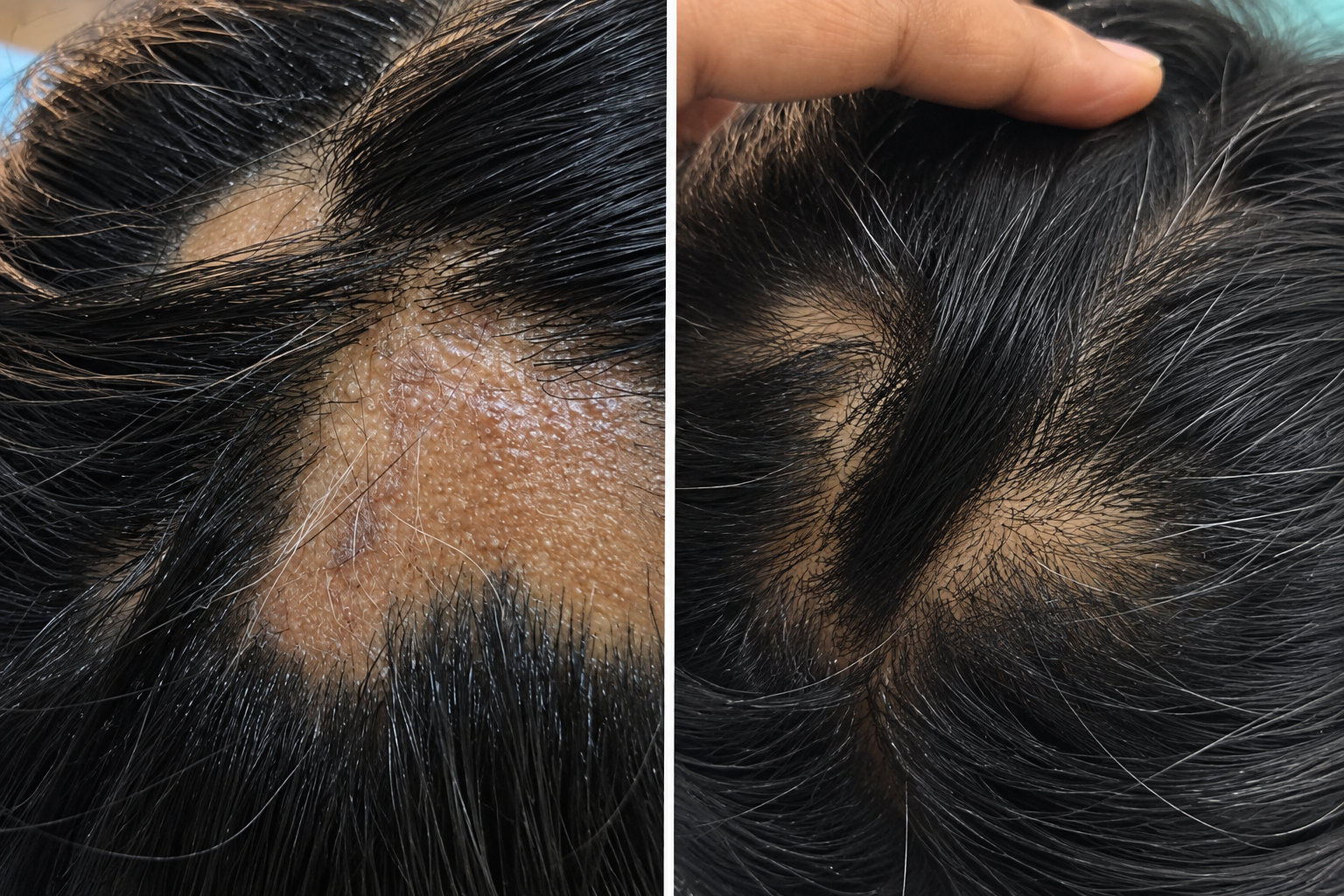 Before and after clinical treatment for patchy alopecia areata hair regrowth